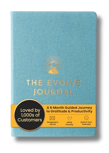 THE EVOLVE JOURNAL, 6-Month Guided Gratitude and Productivity Journal, ADHD Friendly, UK Design, Beige (Teal)