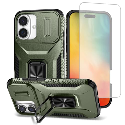 Coque iPhone 16 Plus antichoc avec verre trempé écran et étui magnétique vert