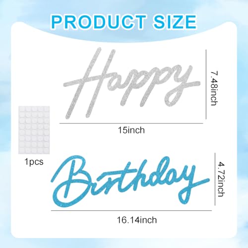 Image of TONIFUL Happy Birthday Sign for Backdrop - Glitter Silver and Light Blue Felt Banner - Includes Dot Glue - Perfect for Birthday Party Backdrop,Wall Decr,Balloon Arch,Photo Background