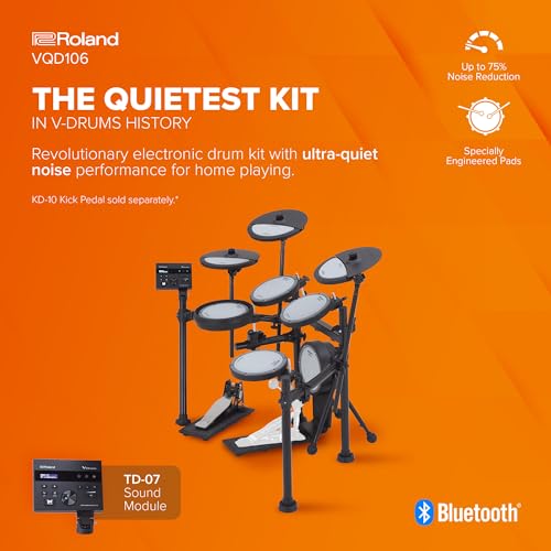 Image of Roland VQD106 V-Drums | Revolutionary 5-Piece Electronic Quiet Design Drum Kit | Perfect for Home Practice | Up To 75% Noise Reduced Pads | TD-07 Sound Module | Bluetooth Connectivity | Up to 75% Noise Reduction, Td-07 Module, Pdq-8 Second and Pdq-8 /kdq-8 /cyq-12 Quiet Pads, Bluetooth and USB, (5 Piece)