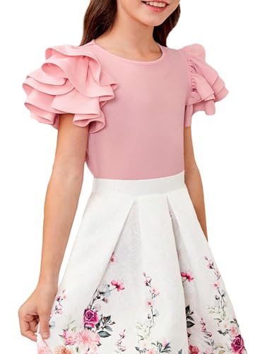 WDIRARA Girl's Short Sleeve Tiered Layer Tee Round Neck Ruffle Trim T Shirt4