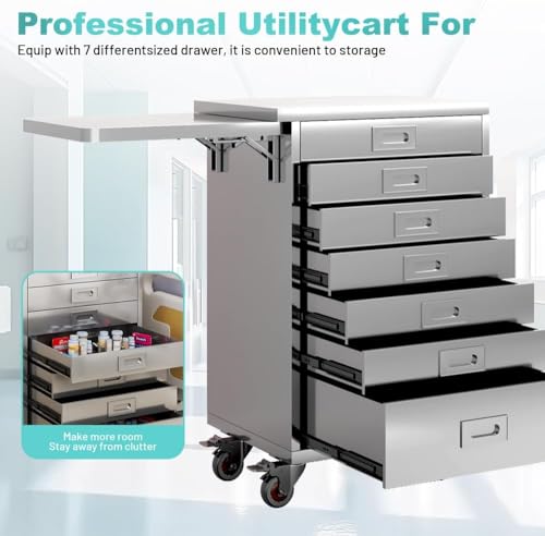 Yeeoy Medical Dental Assistant\'s Mobile Cabinet, 7 Drawers Alabama Cart, Medical Storage Cabinet, Professional Utility Cart with Side Shelf for Hospital Clinic Lab Office
