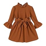 Toddler Baby Girl Fall Winter Dress Long Sleeve Turtleneck Tunic Vintage Sweater Dress for Kids Ribbed Knit Little Girl Dresses with Belt Skirts Outfits Set(Brown,4-5T)