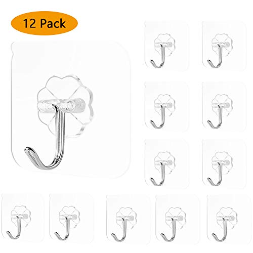 Preisvergleich Produktbild Klebehaken Selbstklebend Haken, Handtuchhaken Ohne Bohren, Wiederverwendbare PVC Wasserfeste Transparente klebehaken, Deckenhaken, Wandhaken für Küche Bad Wand und Decke Aufhänger (12 Stück)