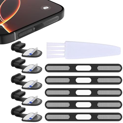 for iPhone 17 Pro Earpiece Speaker Metal Mesh Ultrathin USB C Anti-Lost Dust Plugs Silicone Anti Dust Proof Adhesive Cover Type C Charging Port Covers Sticker for Wireless Charging 5 Sets Black