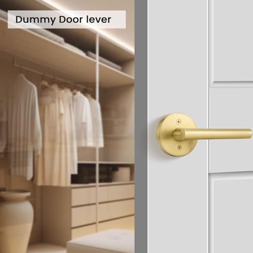 Image of Goldenwarm 6 Pieces Gold Dummy Door Handle, Non-Turning Brushed Gold Door Handles for Bifold Closet Doors, Single Side Lever Heavy Duty Round Modern Door Handle