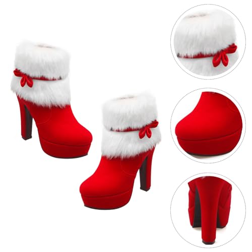 ERINGOGO Platform Booties Women Christmas Ankle Boots, Winter Fur Lined Platform Pointed Toe Suede High Heel, Side Zipper Santa Claus Booties Red Glitter Boots Ladies3