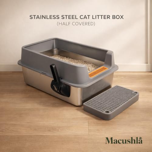 Image of Macushla Stainless Steel Cat Litter Box Half Covered with High Walls 60 * 40 * 25 cms, Anti-Scatter Design, Rust Proof Metal Litter Tray with Scoop & Mat for Kittens and Adult Cats