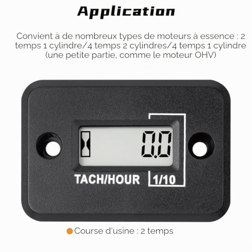 Jayron Compte-Tours Compteur Horaire Inductif pour Moteur Essence, Noir – vue 2