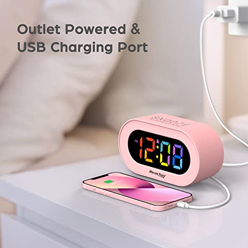 Reacher Pink Girls Alarm Clock, Dimmable Colorful Led Digital Display, Usb Phone Charger Port, Simple Operation For Kids, Adults, Adjustable Volume, Snooze, Small Size For Bedrooms, Bedside, Desk #TOP5