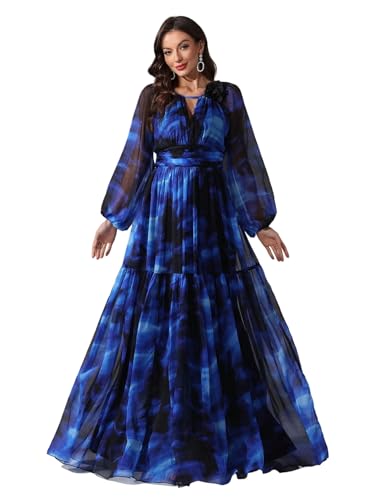 Damen-Sommerkleider, Blumenmuster, Vintage, elegant, Cocktailkleid, langärmelig, Boho, lässig, Maxi, Hochzeitsgästekleider für Damen, Blau-1790,...