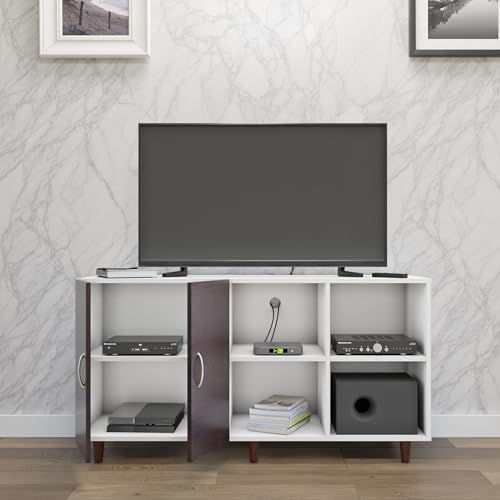 Image of VIKI Modern TV Unit for Living Room | Engineered Wood TV Cabinet with 2 Door Storage & 2 Open Shelves, Entertainment Unit, 140W x 74H x 40D cm | DIY | 1 Year Warranty (White & Wenge)
