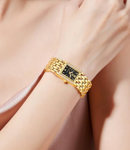 Image of OLEVS Watch for Women Stylish Analog Quartz Luxury Gold Stainless Steel Strap Diamond Black Dial Elegant Casual Ladies Watch