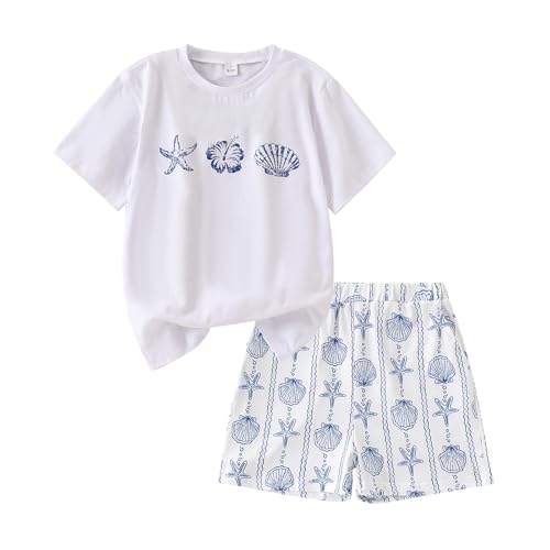 Zylvae Tween Girls Summer 2-Piece Outfit Short Sleeve T-Shirt Seashell & Starfish Print Shorts Clothes Set Size 9 10