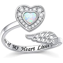 925 Sterling Silver Angel Wing Ring for Women Girls Memorial Jewelry Love Engraved Message Wrap Open Ring Lap Opal Heart Rings Adjustable Size