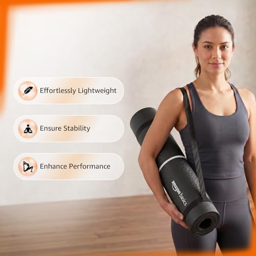 Image of Amazon Basics Yoga Mat with Carry Bag | 6 mm Thick Cushioning | GuideAlign Posture Alignment Markings | Reversible Dual-Texture Non-Slip Surface | Lightweight & Durable | Floor Protection | Ideal for Yoga, Stretching & Fitness | 6 x 2 ft | Black & White
