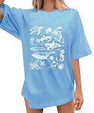 Beach Shirts Women Oversized Shark Flower Graphic Shirt Sea Animals T-Shirt Y2k Vintage Hawaiian Aesthetic Coastal Tops