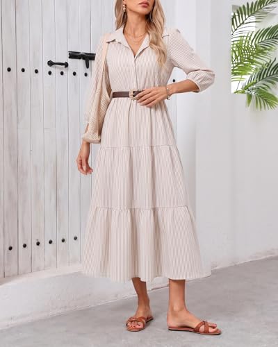 Image of Women Button Down Maxi Shirt Dress Long Sleeve Flowy Tiered Collared Dresses with Pockets