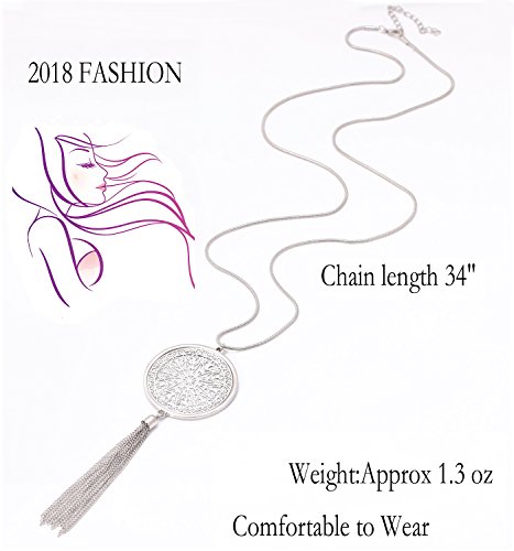 Moloch Long Necklaces For Woman Disk Circle Pendant Necklaces Tassel Fringe Necklace Set Statement Pendant (Silver) #TOP3
