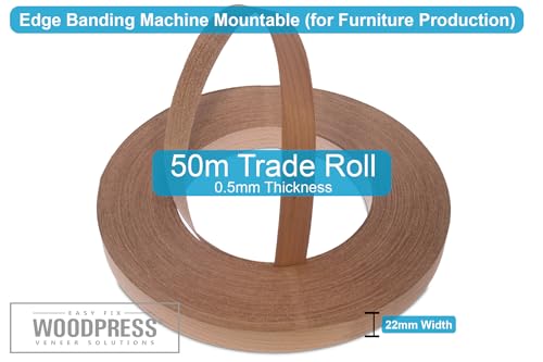 WoodPress 22 mm Kirschholz Vorgeklebtes Furnier-Randband - 50m Rolle für die Industrie Gehobene Qualität - Eisen-On Holz für Einfache DIY-Anwendung