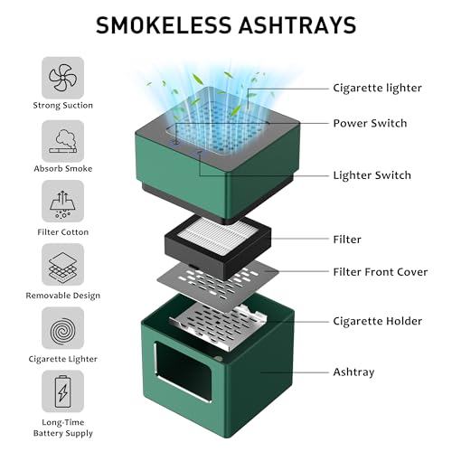 Aluminum Housing Smokeless Ashtray, Multifunctional 3 in 1 Smoke Ashtray with Cigarette Lighter & USB Rechargeable, HEPA Filter Reduce Smoke, Home or Office (Green)