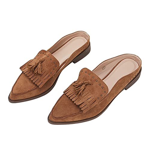 Ruanyu Womens Flat Mule Shoes Backless Pointed Toe Studded Slip On Comfortable Tassel Loafers #TOP2