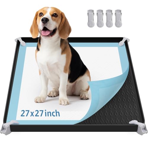 Image of LOOBANI Dog Pee Pad Holder - Puppy Pad Tray for 27 inch x 27 inch Square Training Pads - Silicone Potty Tray with 4 Clamps & High Edge Puppy Pad Holder Tray, Non-Slip,Portable, Leak-Proof Mat Holder, Black