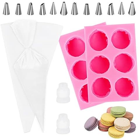 2Pcs 6-Cavity 3D Macaroon Silicone Molds, Macaron Fondant Candy Mold with 2 Piping Bags and 12 Nozzles, Macaron Cake Decorating Mould for Hamburger, Muffin, Chocolate, Candle, Soap Cover