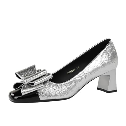Women's Bow Printed Leather Chunky Heels Pumps Fashion Comfortable Closed Square Toe Slip On Mid Heel Dress Shoes for Party Date Office Wedding