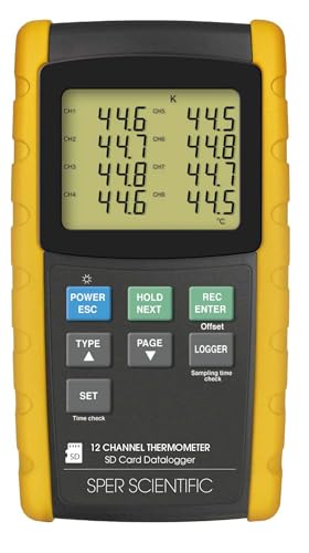 Sper Scientific 12 Channel Digital Thermometer with Datalogger 800099 – Multi-Channel Thermocouple Thermometer for J/K/T/E/R/S Types with Large Backlit LCD, Real-Time Data Logger up to 20M Readings