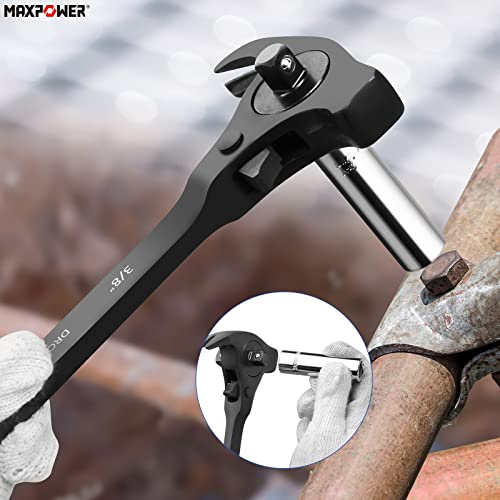MAXPOWER 1/2" and 3/8" Drive Scaffold Ratchet Wrench, Podger Spanner with Claw Hammer, Crowbar, Pry Bar and Nail Puller Functions