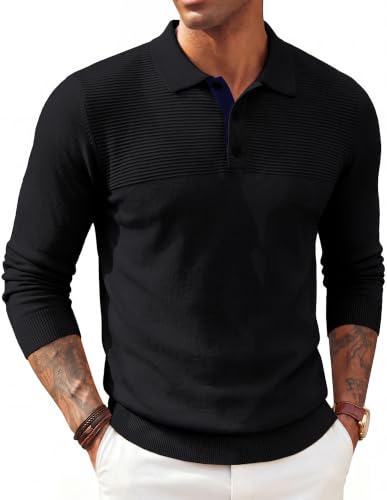 PJ PAUL JONES Mens Knit Polo Shirt Lightweight Textured Sweater Black M