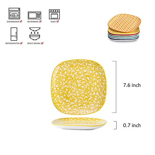 Selamica Porcelain Square Dessert Salad Pasta Plates 7.6 Inches Ceramic Plates Set Of 6 Microwave/Dishwasher/Oven Safe, Assorted Colors #TOP1