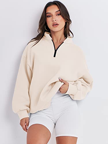 Anrabess Womens Oversized Half Zip Pullover Long Sleeve Sweatshirts Quarter Zip Hoodie Sweaters Teen Girls Fall Y2K Clothes 1018Xingse-L Apricot #TOP4