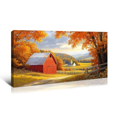 Wewejia - Autum Canvas Wall Art 32x16 inch, Farm Barn