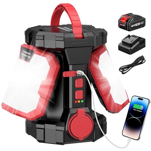 Avhrit 5000LM 60W LED Work Light, Rechargeable Work Lamp with 5000mAh Battery, 2 in 1 Portable LED Lantern & Power Bank for Power Outage, Construction Site, Garage, Car Repairing & Camping