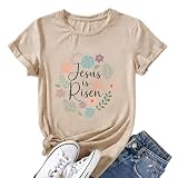 Uivviu Christian Saying T Shirts Women Retro Jesus is Risen Graphic Print God T Shirts Summer Casual Short Sleeve Crew Neck Christian Clothing(Khaki S)