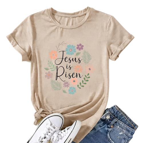 Uivviu Christian Saying T Shirts Women Retro Jesus is Risen Graphic Print God T Shirts Summer Casual Short Sleeve Crew Neck Christian Clothing(Khaki S)