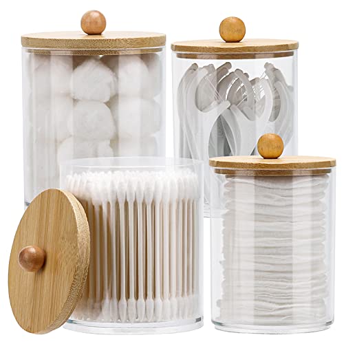Image of Tbestmax 4 Pack Qtip Holder Dispenser Cotton Ball, Cotton Swab, Floss - 12oz, 10 oz Clear Plastic Apothecary Jars for Bathroom Organizer and Storage Containers (Bamboo Lids)