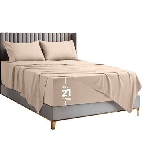 Utopia Bedding Queen Sheet Set – Soft Microfiber 4 Piece Luxury Bed Sheets with Deep Pockets - Embroidered Pillow Cases - Side Storage Pocket Fitted Sheet - Flat Sheet (Beige)