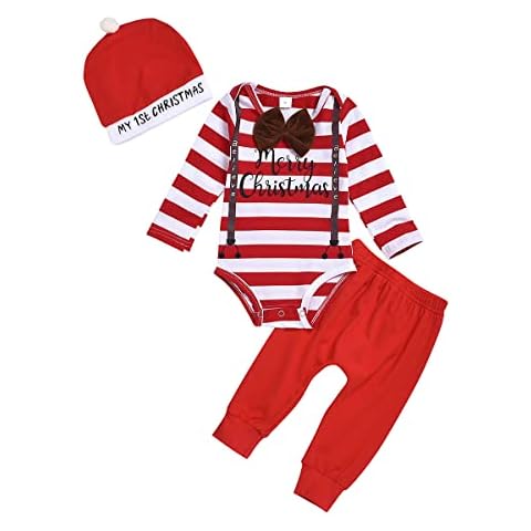 Baby My 1st Christmas Romper Outfit Striped Long Sleeve Bodysuit Pants Hat My First Christmas Clothes Set for Baby Boys Girls (12-18 Months) Cover