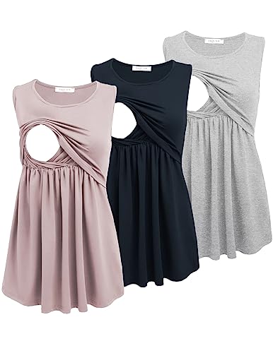 Ekouaer Womens Nursing Tops 3 Pack Double Layer Breastfeeding Tank Sleeveless Side Ruched Postpartum Tops (Black+Gray+Pink)