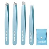 LEPZUR 4 Stück Pinzette Set Edelstahl - Blau Augenbrauenpinzette Set Schere Pinzette, Gerade Schräge Spitze Zupfpinzette Splitterpinzette Spitzpinzette für Frauen und Männer