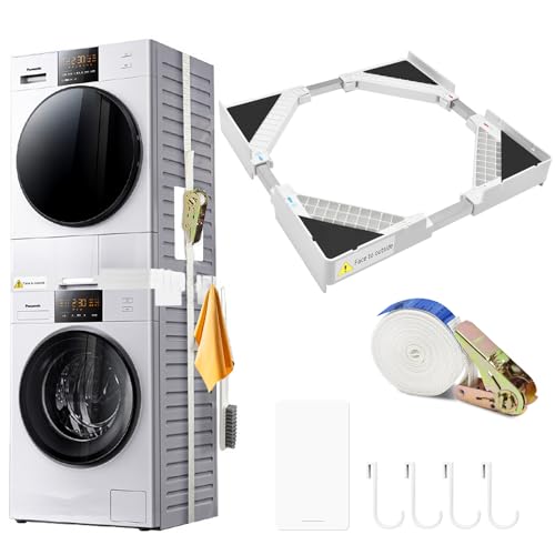 YTACREA Kit Union Lavadora Secadora, Kit de Apilamiento Universal con 8 Almohadillas Antivibración y Cuerda de Trinquete, Marco Ajustable de Soporte Secadora de 44.5-70 CM, 4 Ganchos, Blanco