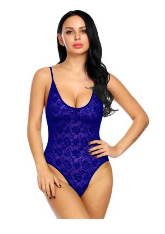 Women's Blue Lace Bodysuit, Floral Sheer Lingerie with Spaghetti Straps, Deep V-Neck Teddy-image-46