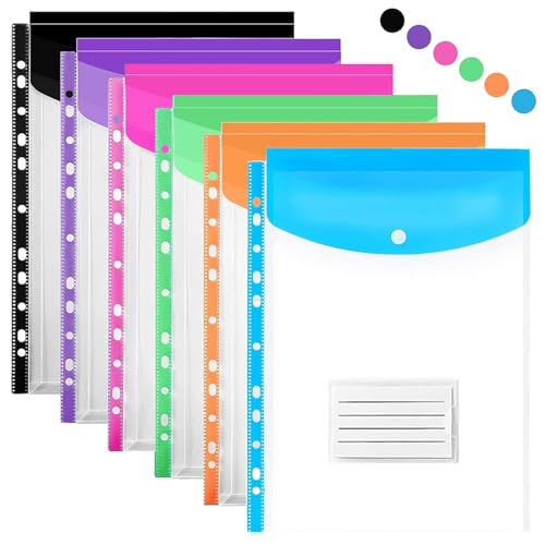 Punched Pockets A4 Plastic Wallets, 11 Holes Expandable Large Capacity Binder Pocket with Snap Button and Label Pocket, Plastic Envelope File Folders for School Home Office (Vertical-6 Packs)
