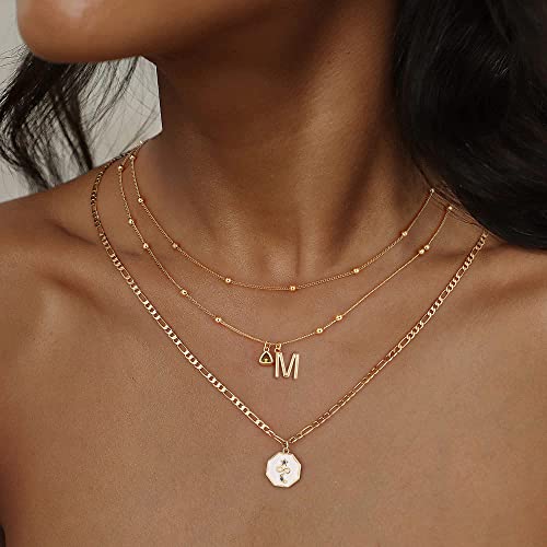Mjartoria Layered Initial Necklaces For Women, Infinity Letter M Necklace, 14K Gold Plated Figaro Chain Ball Station Necklace, Dainty Trendy Simple Layering Gold Necklaces Jewelry Birthday Gifts #TOP1