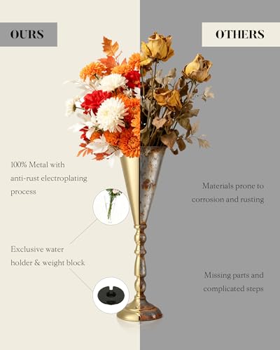 12 Pcs Tall Gold Trumpet Vases for Centerpieces & Wedding Tables - 16.7" Tall Gold Flower Vase Set with Weighted Base, Metal Trumpet Centerpieces for Tables (Bases para Centros de Mesa) — view 6