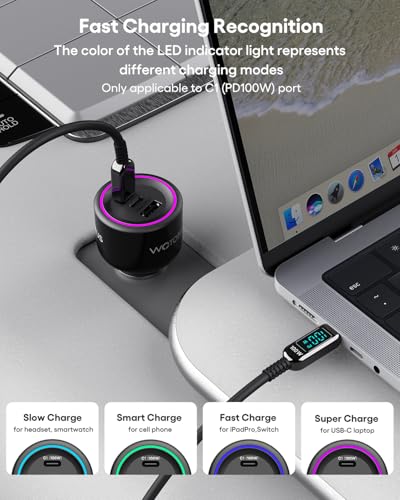 Image of 175W 3-Ports USB C Car Charger with Color-Changing LED Indicator, PD3.0 100W 65W PPS45W Fast Charging, Compatible with iPhone 17 16 15 Galaxy S25 S24, Pixel, MacBook, iPad & Type-C Laptops
