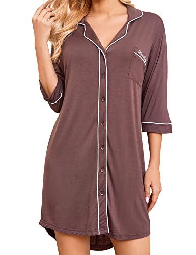 Linadiary Nightgowns For Women Button Down Night Shirt 3/4 Sleeve Boyfriend V-Neck Sleepwear Pajama Dress Brown #TOP22